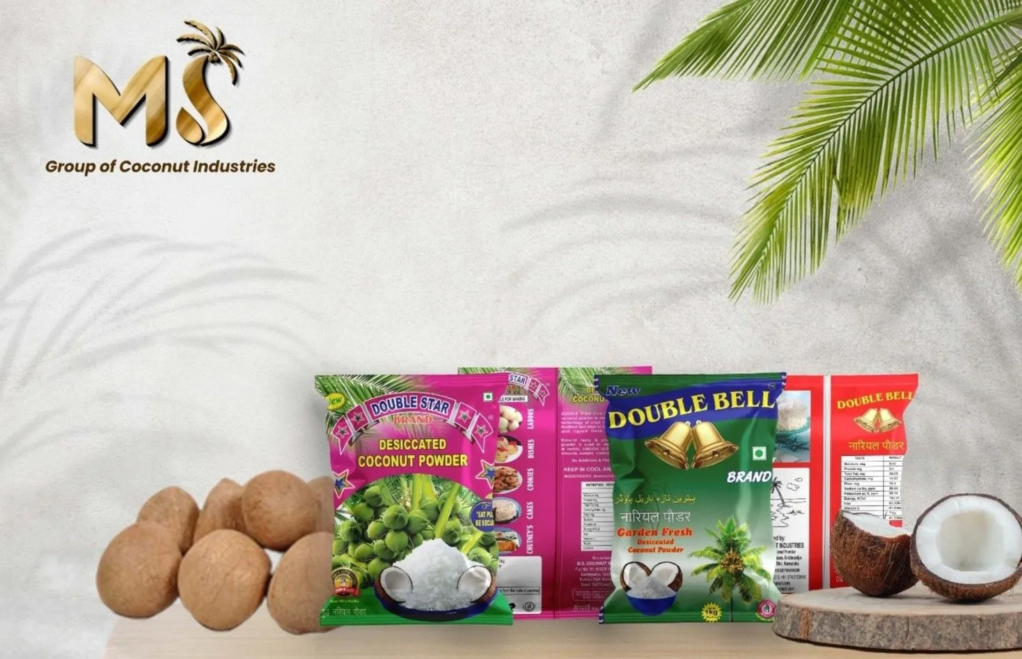 M.S. Group of Coconut Industries product family — Double Star and Double Bell desiccated coconut powder packs with semi-husked coconuts