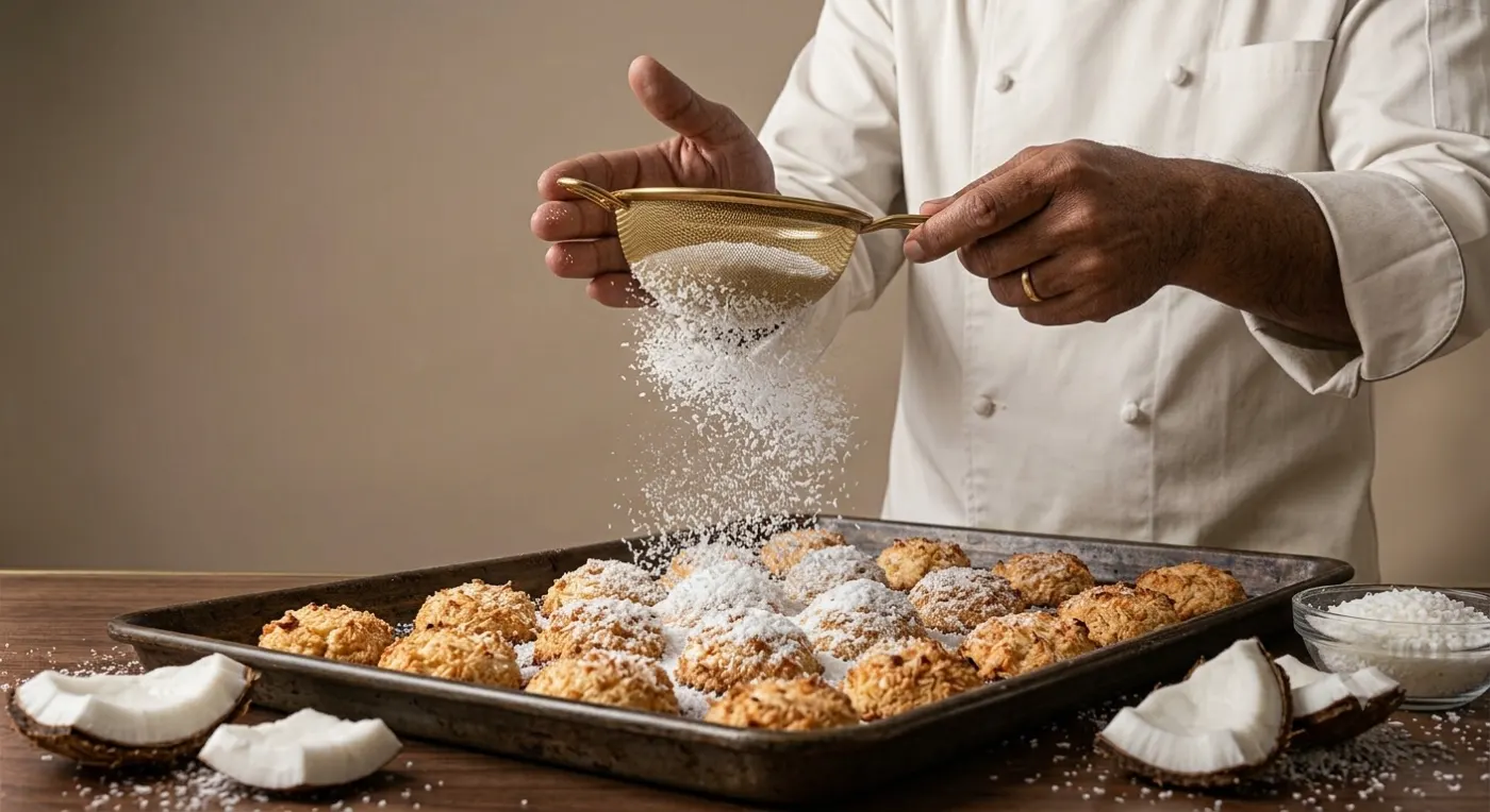 Baker sifting fine white desiccated coconut powder over a tray of freshly baked coconut cookies