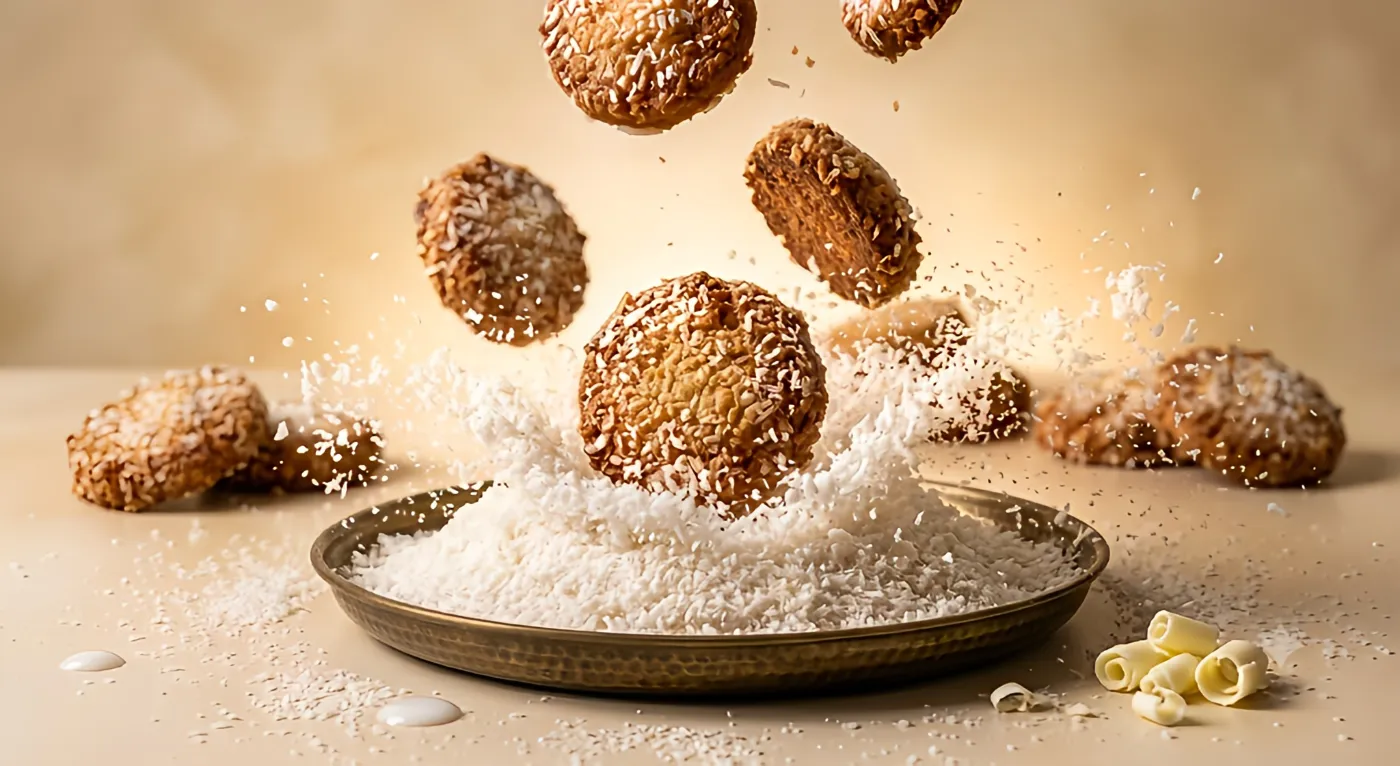 Coconut cookies falling into a plate heaped with snow-white desiccated coconut powder, powder splashing