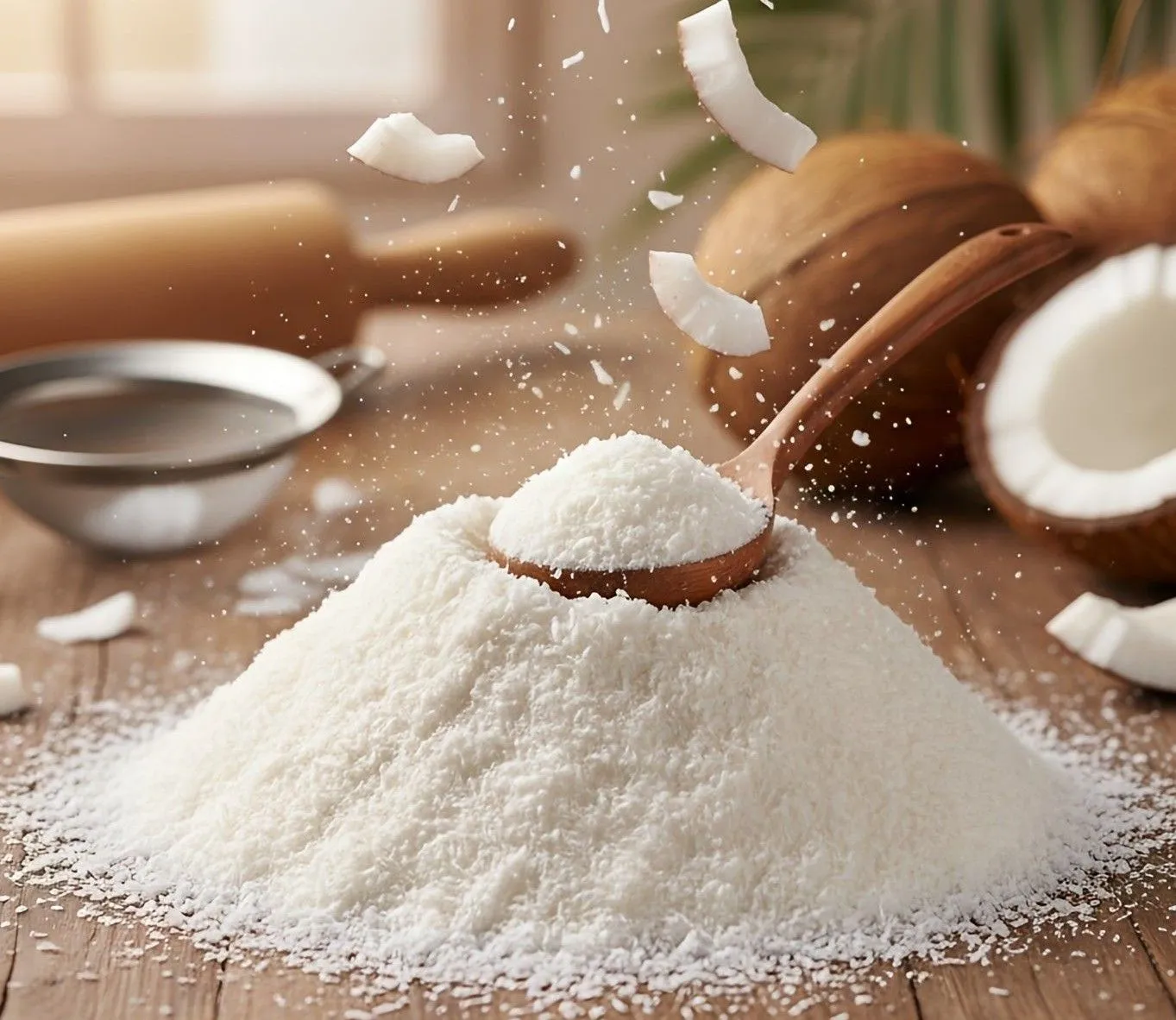 Macro close-up of fine snow-white desiccated coconut powder heaped on a wooden table with coconut halves behind