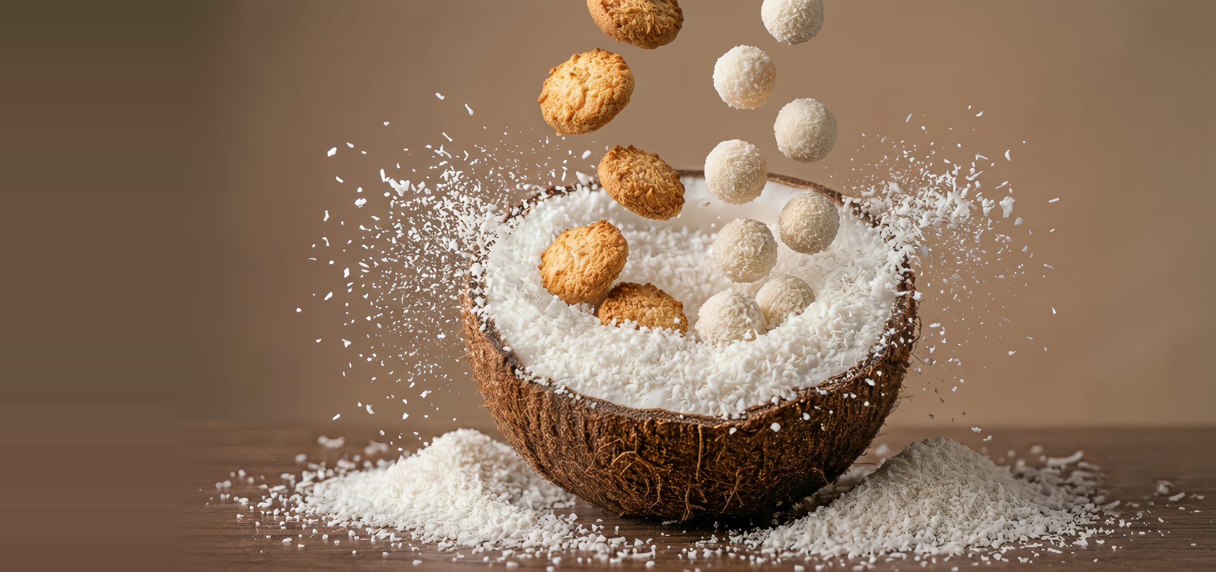 Coconut cookies and laddoos falling into a half-cut coconut filled with fine white desiccated coconut powder