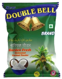 Double Bell brand desiccated coconut powder 1 kg pack, green pouch with golden bells