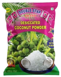 Double Star brand desiccated coconut powder pack, pink pouch with green coconuts and white powder